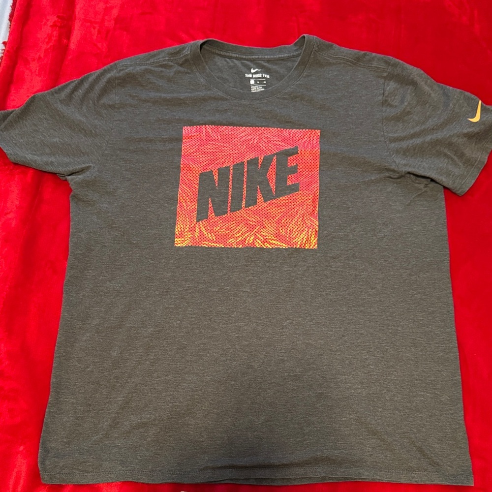 Nike Men's Charcoal Tee with Red and Orange Logo
